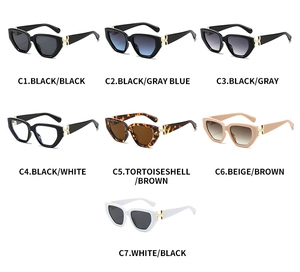 Détail de lunettes de soleil œil-de-chat avec charnières et ornements en métal doré en H