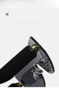 Close-up of golden snake head hinge detail on frameless black fashion sunglasses