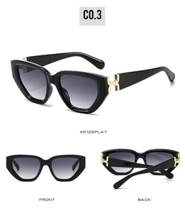 Trois angles de lunettes de soleil œil-de-chat vintage avec détails H dorés et verres gris