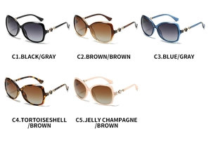 Detailed collection of five stylish oversized sunglasses with clover flower temple accents