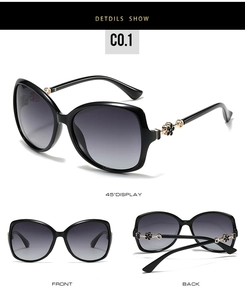 Detailed views of women's oversized sunglasses featuring gold floral temple accents