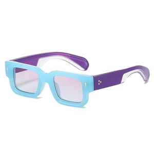 Fashionable square frame sunglasses with blue frame, purple temples and gradient lenses