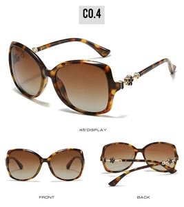 Detailed views of women's oversized tortoise sunglasses with flower metal decor