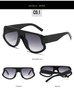 Detailansichten der schwarzen Oversize-Sonnenbrille mit breitem Rahmen und Verlaufsgläsern
