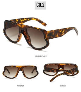 Detailansicht der Oversize-Sonnenbrille in Schildpatt-Optik mit Front- und Rückansichten