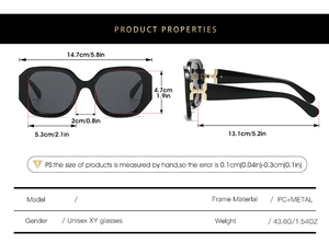 Technical drawing of square sunglasses with full dimensions and frame specifications