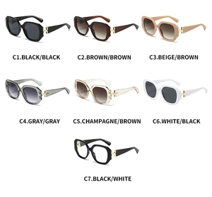 Square fashion sunglasses collection with seven frame colors and golden metal hinges