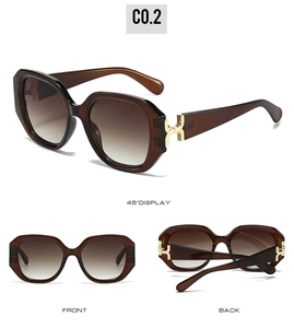 Multiple views of tortoise square sunglasses with gold metal hinge detail and gradient lenses
