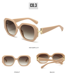 Three-angle view of beige square sunglasses with brown gradient lenses and gold metal accents