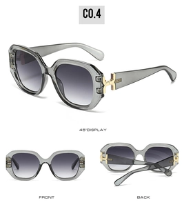 Three-angle display of square sunglasses with grey frames and gold H-metal detail