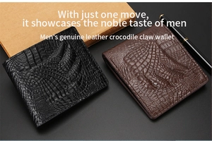 Close-up of black and brown men's wallets with 3D embossed crocodile leather texture
