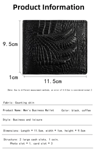 Detail view of crocodile pattern wallet with dimensions 11.5cm x 9.5cm and interior slots