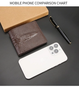 Size comparison of a men's brown crocodile embossed leather wallet next to a mobile phone