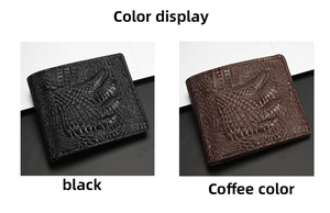 Men's bifold wallet in black and coffee colors featuring a 3D crocodile leather texture
