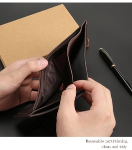 Detail view of brown leather wallet interior with multi-card slots and zippered coin pocket