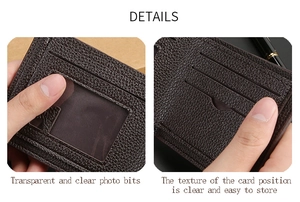 Detail of dark brown leather wallet showing clear ID window and card slots with neat stitching