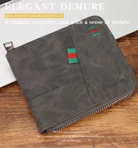 Close-up of a compact men's zip wallet with vintage lychee texture and striped webbing
