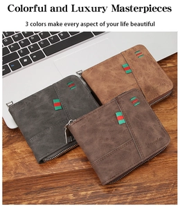 Three leather wallets for men in grey and brown shades displayed on a desk