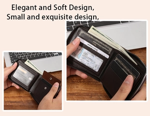 Detail view of multi-slot dark brown leather wallet with card slots and ID window