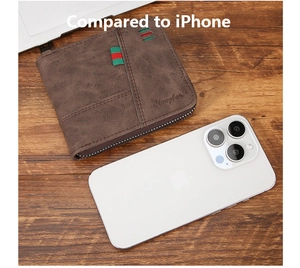 Men's brown leather zipper wallet with stripe detail compared to an iPhone size