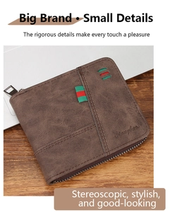 Detailed view of brown leather wallet featuring vintage texture and striped ribbon accent