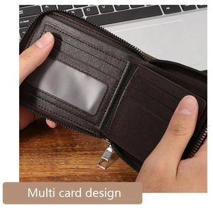 Detail view of brown leather wallet interior showing multi-card slots and clear ID window