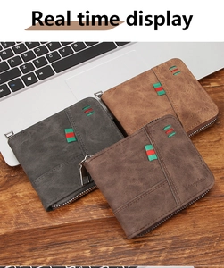 Three multi-functional men's leather wallets with zippers and iconic striped accents