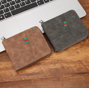 Men's zipper leather wallets with classic webbing stripe on vintage wooden background