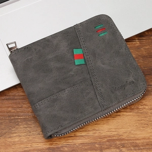 Close-up of men's dark grey leather zip wallet with red and green stripe detail