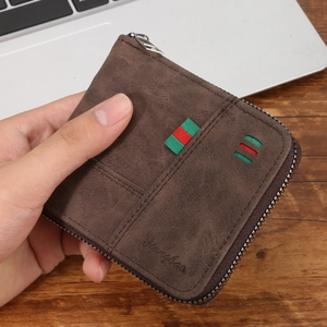 Brown retro leather men wallet with tricolor stripe detail and zipper closure