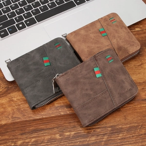 Men's retro zipper wallets in brown and black leather with tricolor stripe detail