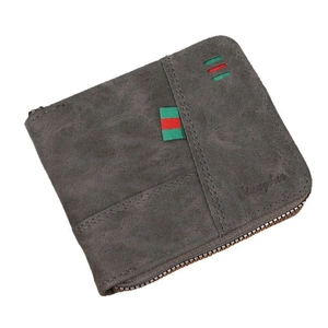 Men's dark grey distressed leather zipper wallet with red-green stripe and brand logo