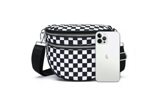 Detailed view of checkered crossbody bag with silver zipper and iPhone for size reference