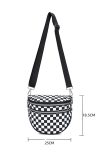 Detail view of large capacity checkerboard crossbody bag with triple zippers and measurements