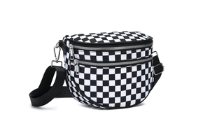 Detailed view of checkered crossbody bag with durable dual silver zippers and wide strap