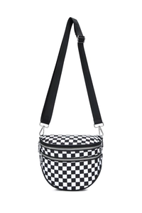 Detail of checkered crossbody bag with double zipper and adjustable wide strap