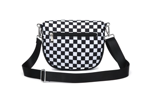 Rear view of black and white checkerboard crossbody bag with metal zipper pocket