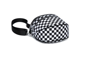 Detail of checkered crossbody bag showing dual zippers and durable nylon strap