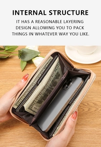 Internal structure of champagne glitter long wallet showing phone and bill compartments