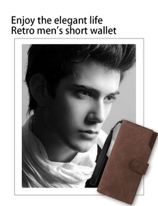 Close-up of brown textured leather wallet for men featuring snap button and braided strap