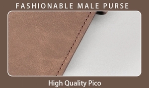 Detail shot of neat stitching and brown matte leather texture on this male purse