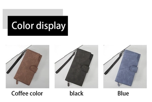 Three color display of minimalist long wallets for men in coffee, black and blue