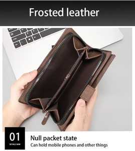 Detail of deep brown frosted leather long wallet with multi-slots and phone compartment