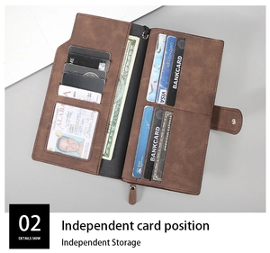Detailed interior of a vintage dark brown long wallet with multiple card slots and ID window