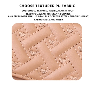 Detail of pink PU leather coin purse with quilted grid and heart embroidery pattern