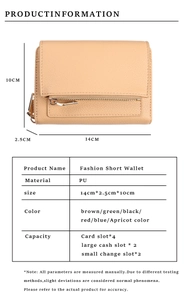 Detail view of apricot PU leather wallet featuring litchi texture and front zipper pocket