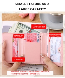 Detailed interior of pink PU leather wallet with card slots and zipper compartment