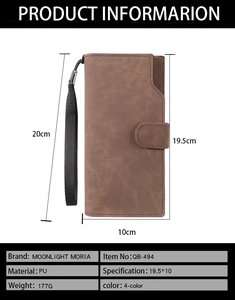 Detailed view of brown PU leather wallet with wrist strap and internal dimensions