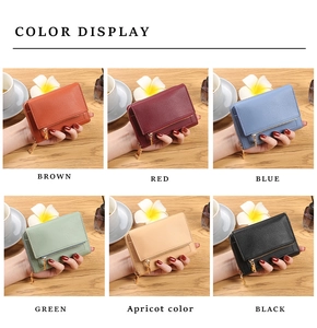 Color options of soft PU leather zip wallets in brown, red, blue, green, apricot and black