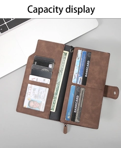 Internal layout of brown matte long wallet showing multiple card slots and zipper pocket